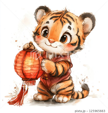Cheerful baby tiger holding red lantern, wearing traditional outfit. This adorable character radiates joy and playfulness, perfect for festive themes Cheerful baby tiger holding red lantern, wearing traditional outfit. This adorable character radiates joy and playfulness, perfect for festive themes 125965663