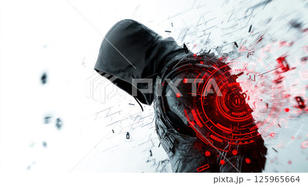 hooded figure stands in fragmented digital landscape, surrounded by locks, shields, and broken codes, evoking sense of mystery and intrigue hooded figure stands in fragmented digital landscape, surrounded by locks, shields, and broken codes, evoking sense of mystery and intrigue 125965664