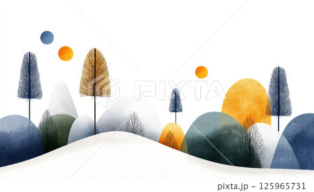 serene landscape featuring abstract trees and hills in soft colors, evoking peaceful winter scene 125965731