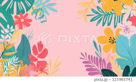 Bright summer floral background with colorful leaves and flowers 125965741