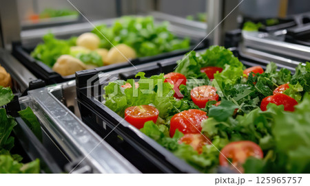 Fresh vegetables in crates, including lettuce and tomatoes, ready for distribution 125965757