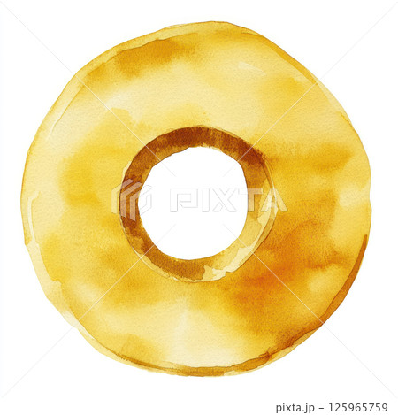 Golden watercolor donut with hole in center, showcasing soft texture and warm tones, perfect for food themed designs 125965759