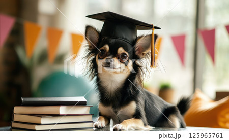 tiny Chihuahua proudly wearing graduation cap poses on table with diploma and books, celebrating special achievement with festive banners tiny Chihuahua proudly wearing graduation cap poses on table with diploma and books, celebrating special achievement with festive banners 125965761