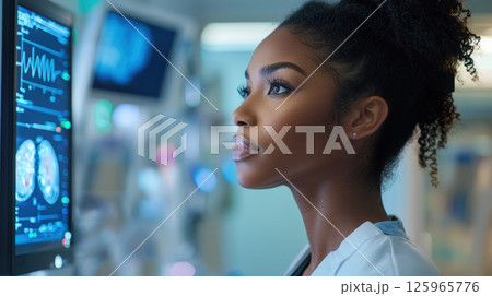 Medical professional analyzing patient data on digital display with focus and determination Medical professional analyzing patient data on digital display with focus and determination 125965776