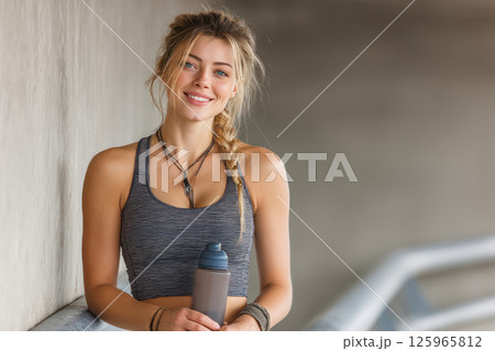 smiling woman in fitness attire holding water bottle, standing against neutral background, exuding confidence and health 125965812