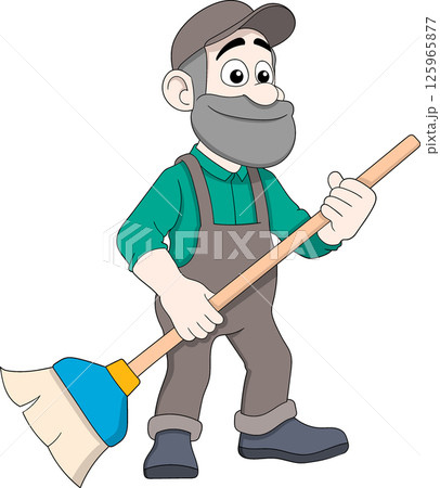 Old Male Worker Carrying a Broom Cartoon Vector 125965877