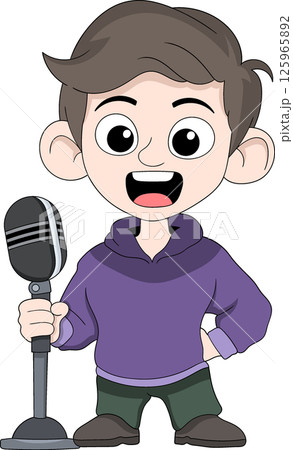Cartoon Podcast Mascot with Big Microphone Illustration 125965892