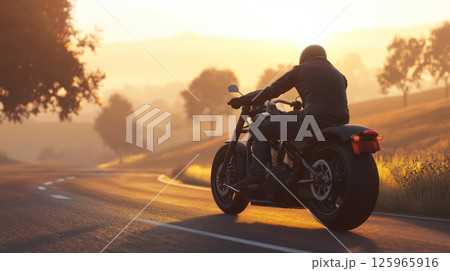 side view of black glossy motorcycle moving along asphalt road early morning. rider, dressed dark jeans and boots, is dynamic pose as sun rises 125965916