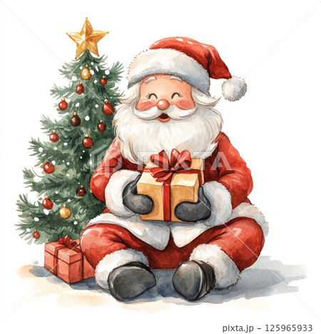 Watercolor cheerful Santa Claus with gift beside decorated Christmas tree 125965933