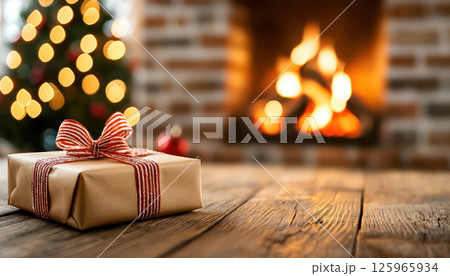 Cozy holiday scene with gift box near warm fireplace glow 125965934