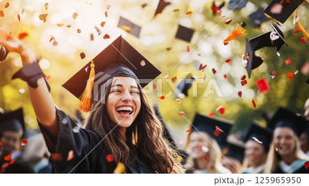 Celebrating graduation with pride, happiness, and laughter in academic setting 125965950