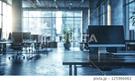 modern open plan office with sleek desks, computers, and large windows allowing natural light to illuminate space. atmosphere feels professional modern open plan office with sleek desks, computers, and large windows allowing natural light to illuminate space. atmosphere feels professional 125966062