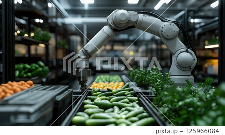 Automated robotic arm sorting fresh cucumbers and carrots into bins in modern warehouse with efficient industrial lighting and organized produce 125966084