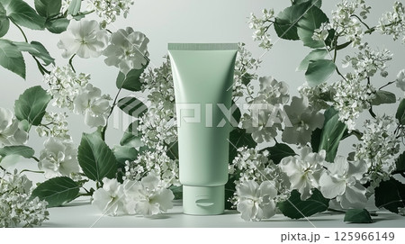 A light green tube of cream, surrounded by white flowers and leaves. 125966149