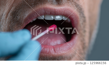 Medical hand taking a DNA test to a man with open mouth.  125966156