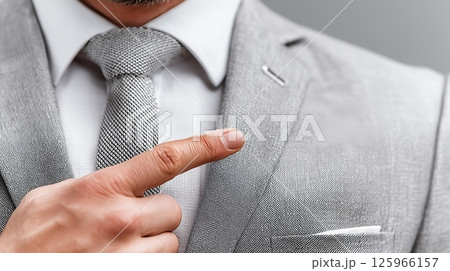A businessman in a suit touching a finger on a virtual screen, isolated over a light gray background.  125966157