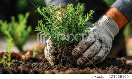 Closeup hands squeezing the soil of a newly planted small tree.  125966160