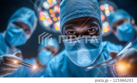 Surgical team finishing a successful procedure, looking at the camera.  125966201
