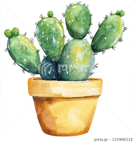 Watercolor style depiction of green cactus in terracotta pot, showcasing its unique shape and texture 125966318