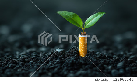 Green plant grows from cigarette butt in dark soil, symbolizing renewal and hope in powerful environmental message Green plant grows from cigarette butt in dark soil, symbolizing renewal and hope in powerful environmental message 125966349