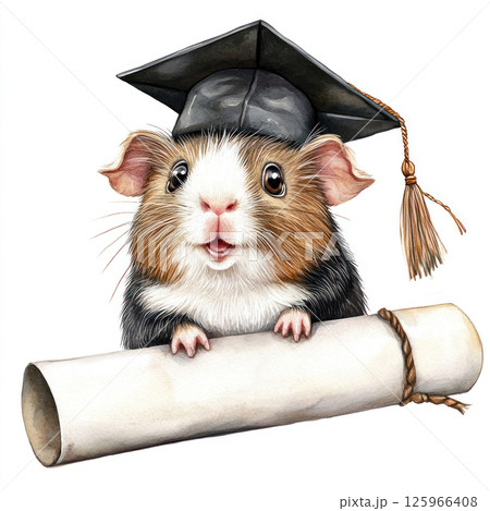 Happy guinea pig wearing graduation cap, proudly holding diploma scroll. This unique and festive clipart captures joyful celebration of 125966408