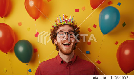 Joyful man wearing birthday crown, surrounded by colorful balloons and confetti, celebrating special occasion with happiness 125966523