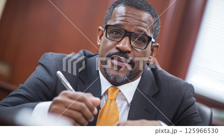 Professional man in suit conducting interview with focus and confidence Professional man in suit conducting interview with focus and confidence 125966530