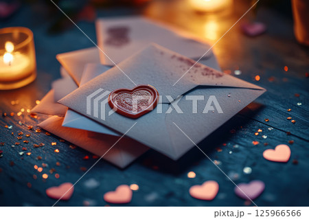 stack of Valentine Day greeting cards with wax seals, surrounded by candles and heart shaped confetti 125966566
