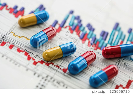 Financial projections for drug development with colorful capsules 125966730
