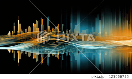 Modern cityscape reflected in abstract digital waves, vibrant colors 125966736