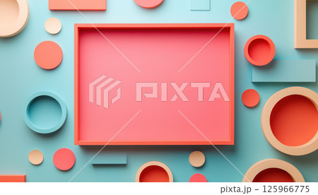 Pastel geometric shapes and blank rectangle create vibrant layout 125966775