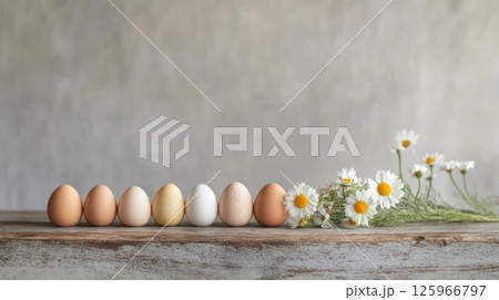 Fresh eggs arranged on rustic wooden table with daisies 125966797