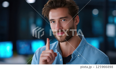 confident man casual blue shirt gestures with one finger raised, standing modern office setting with blurred computer screens 125966898