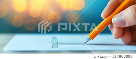 Writing with yellow pen on blank page, creating calm atmosphere 125966899