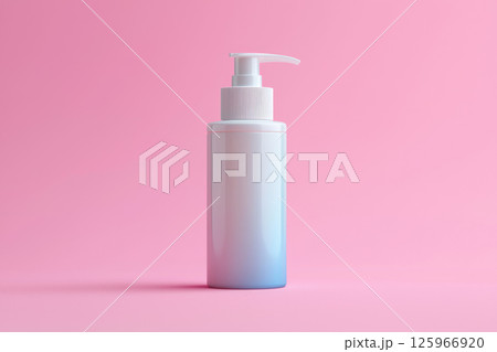 White cosmetic bottle with pump on pink background, clean product shot with soft lighting and ample empty space for text or design 125966920