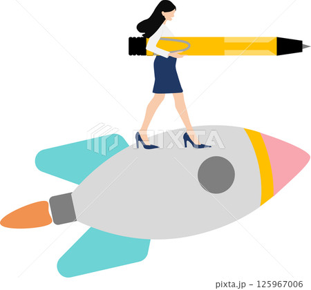ロケットに乗るビジネスウーマンのイラスト 125967006