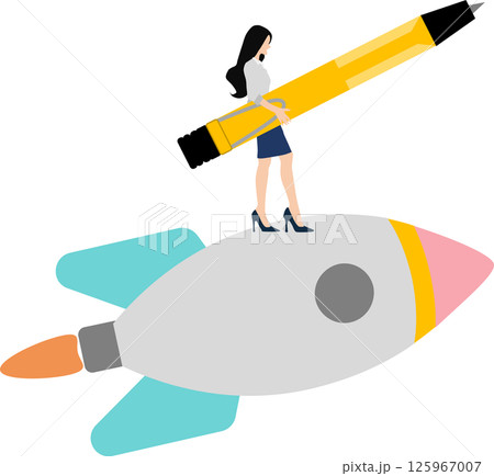 ロケットに乗るビジネスウーマンのイラスト 125967007