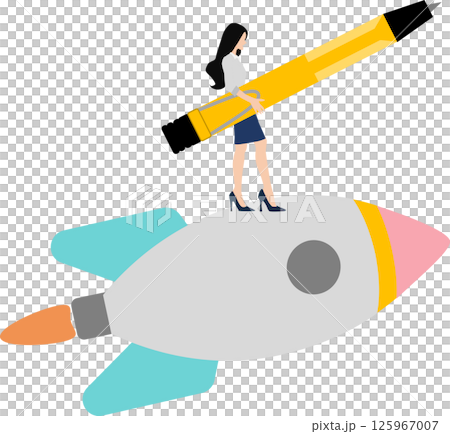 ロケットに乗るビジネスウーマンのイラスト 125967007