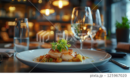 Delicious seafood dish plate cozy restaurant setting, with elegant glassware and warm lighting creating relaxed atmosphere 125967020