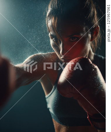 determined female boxer in fitness studio throws punch, with sweat and motion adding intensity to scene 125967061