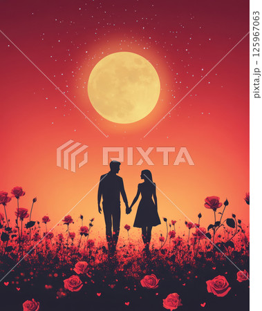 couple holds hands under glowing full moon surrounded by roses, creating romantic scene 125967063