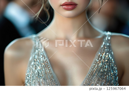 close up of woman wearing sparkling silver gown, showcasing elegance and glamour at formal event 125967064
