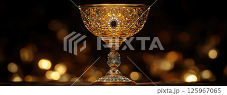 ornate golden chalice adorned with intricate patterns and gemstones, glowing warmly against blurred golden bokeh background 125967065