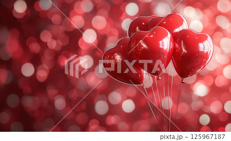 Heart shaped red balloons on festive background create cheerful atmosphere. Perfect for celebrations 125967187
