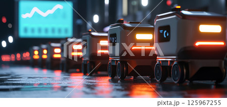 Last mile delivery robotic units lined up for deployment, showcasing consumer demand trends 125967255