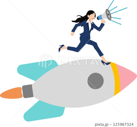 ロケットに乗るビジネスウーマンのイラスト 125967324
