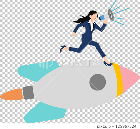 ロケットに乗るビジネスウーマンのイラスト 125967324