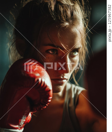 determined woman wearing red boxing gloves focuses intensely during fitness training session in dimly lit gym 125967382