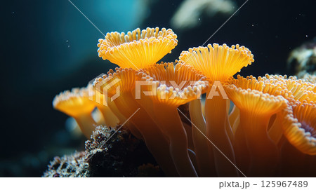 Macro of vibrant coral polyps opening like flowers on ocean floor, glowing orange under water light Macro of vibrant coral polyps opening like flowers on ocean floor, glowing orange under water light 125967489