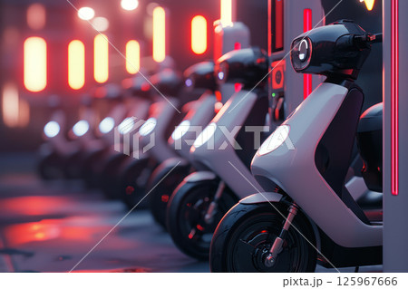 close up of self driving electric scooter fleet parked futuristic charging station, ready for AI navigation and urban 125967666